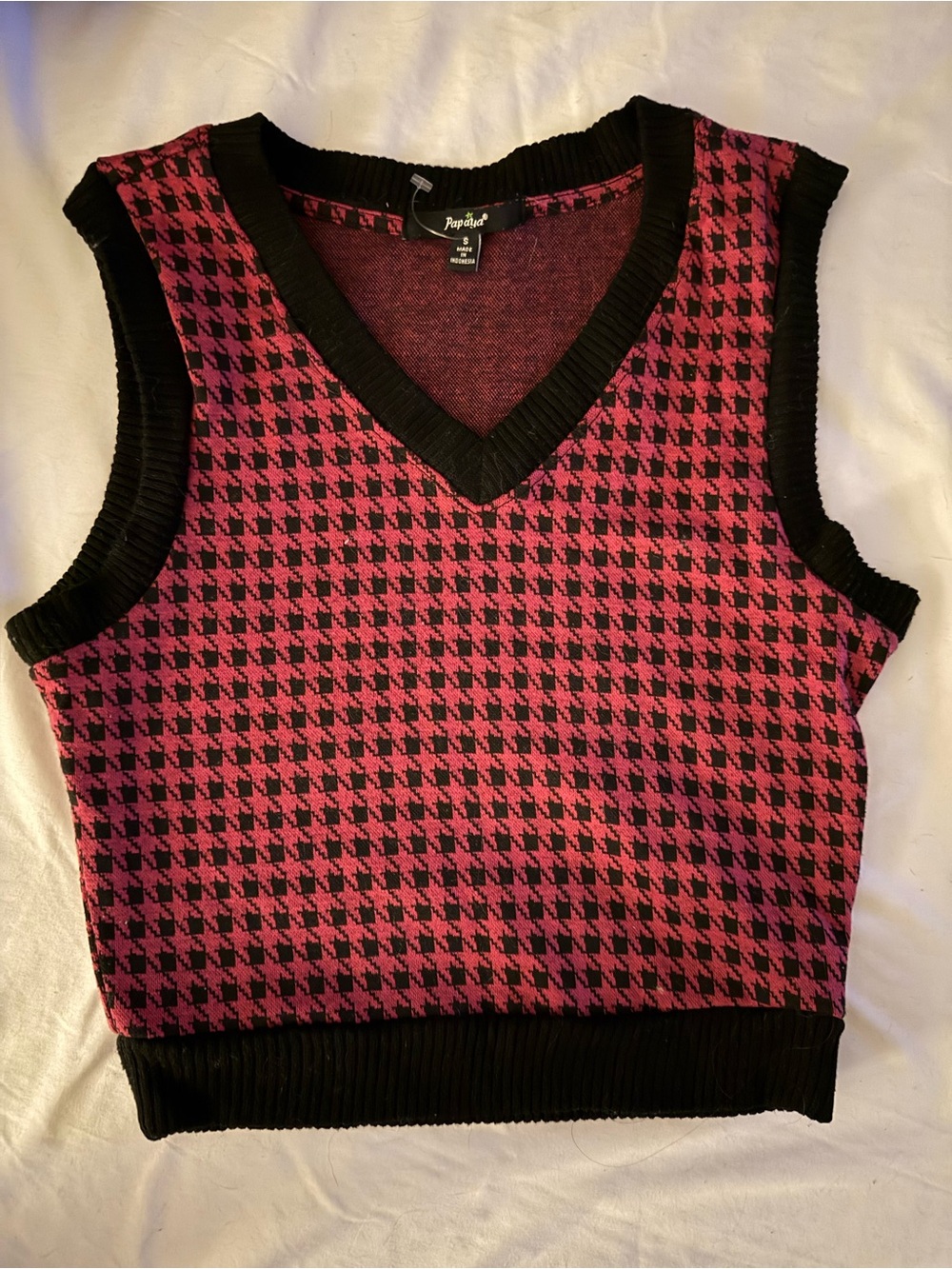Pink and Black Houndstooth V-Neck Sweater Vest